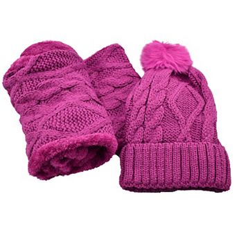 Furry Lined Beanie Pompom Hat and Scarf Set
