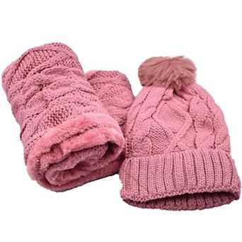 Furry Lined Beanie Pompom Hat and Scarf Set