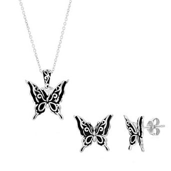 Argento Bella Sterling Silver Oxidized Butterfly Earrings & Necklace Set