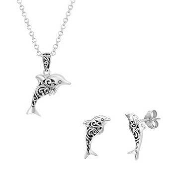 Argento Bella Sterling Silver Oxidized Dolphin Earrings & Necklace Set