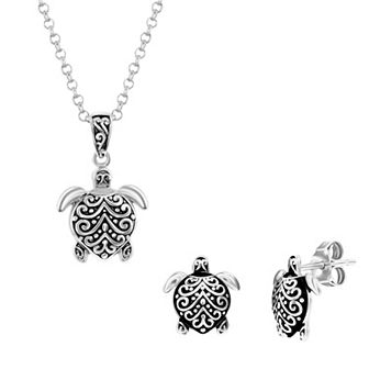 Argento Bella Sterling Silver Oxidized Turtle Earrings & Necklace Set