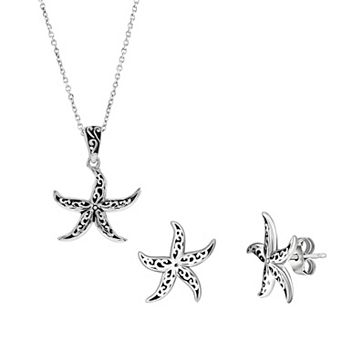 Argento Bella Sterling Silver Oxidized Starfish Earrings & Necklace Set