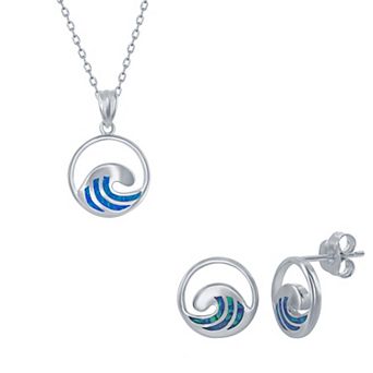 Nautica Rocks Sterling Silver Opal Wave Pendant Necklace & Earrings Set