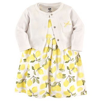 Hudson Baby Infant and Toddler Girl Cotton Dress and Cardigan 2 pc Set, Lemon