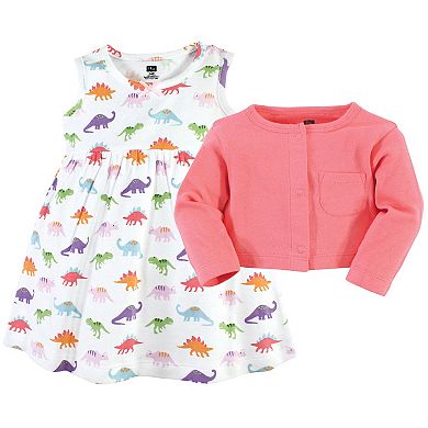 Hudson Baby Baby and Toddler Girl Cotton Dress and Cardigan Set, Girl Dinosaurs