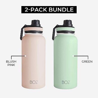 Boz Stainless Steel Water Bottle Xl - Two-pack Bundle, Pink/green, (1 L / 32oz) Wide Mouth