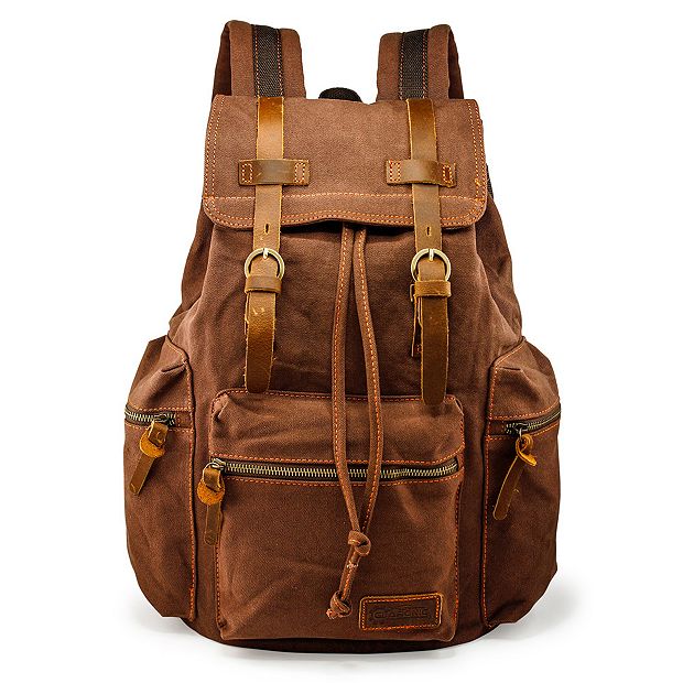 F.C Design 21L Vintage Canvas Backpack for Men Leather Rucksack Knapsack 15 inch Laptop Tote Satchel