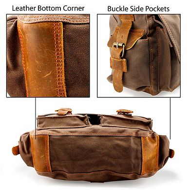 F.C Design Mens Canvas Leather Messenger Bag for Laptop Vintage Shoulder Crossbody