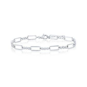 Argento Bella Alternating Paperclip Chain Cubic Zirconia Bracelet