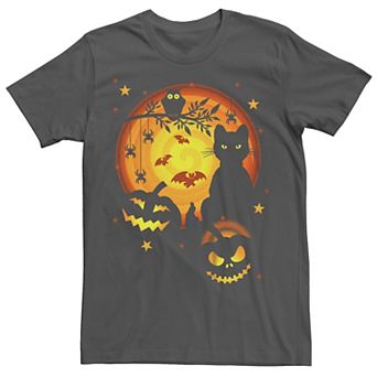 Men's Halloween Cat Owl Jack-o'-Lanterns Bats Spiders Graphic Tee