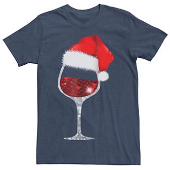 Men's Christmas Wine Glass Santa Hat Graphic Tee