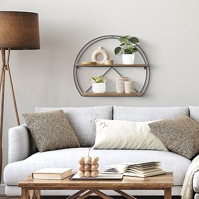 Belle Maison Round 2-Shelf Black Metal and Wood Wall Decor
