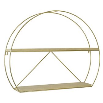 Belle Maison Round 2-Shelf Gold Metal and Wood Wall Decor