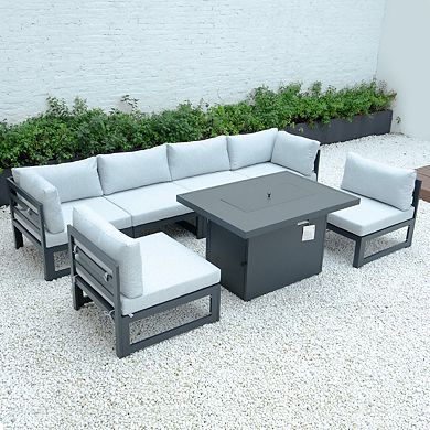 LeisureMod Chelsea 7-Piece Patio Sectional And Fire Pit Table Black Aluminum With Cushions