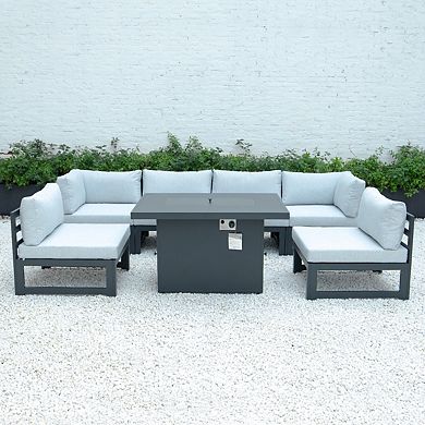 LeisureMod Chelsea 7-Piece Patio Sectional And Fire Pit Table Black Aluminum With Cushions