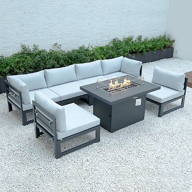 LeisureMod Chelsea 7-Piece Patio Sectional And Fire Pit Table Black Aluminum With Cushions