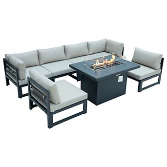 LeisureMod Chelsea 7 pc Patio Sectional And Fire Pit Table Black Aluminum With Cushions