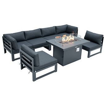 LeisureMod Chelsea 7 pc Patio Sectional And Fire Pit Table Black Aluminum With Cushions