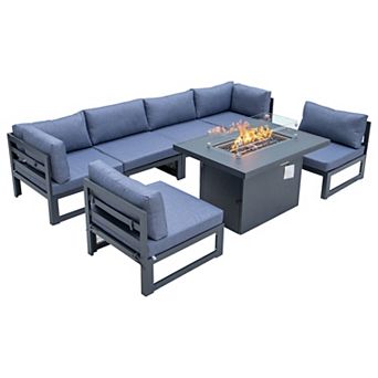 LeisureMod Chelsea 7 pc Patio Sectional And Fire Pit Table Black Aluminum With Cushions