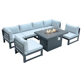 LeisureMod Chelsea 7 pc Patio Sectional And Fire Pit Table Black Aluminum With Cushions