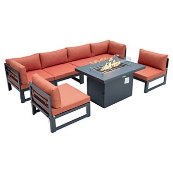 LeisureMod Chelsea 7 pc Patio Sectional And Fire Pit Table Black Aluminum With Cushions
