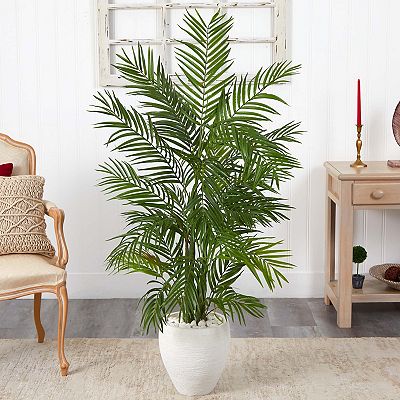 Nearly Natural 5 ft. Areca Palm Artificial Tree in White Planter
