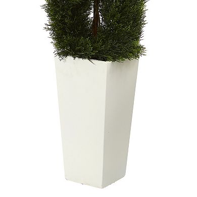 nearly natural 5.5-ft. UV Resistant Double Pond Cypress Spiral Topiary Artificial Tree in White Tower Planter