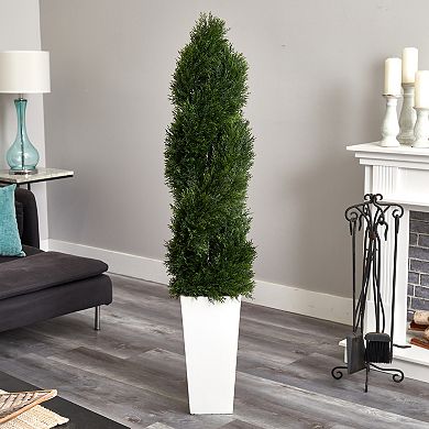 nearly natural 5.5-ft. UV Resistant Double Pond Cypress Spiral Topiary Artificial Tree in White Tower Planter