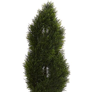 nearly natural 5.5-ft. UV Resistant Double Pond Cypress Spiral Topiary Artificial Tree in White Tower Planter