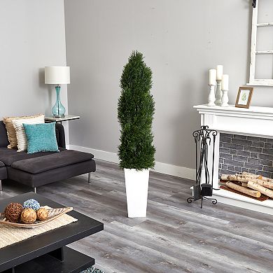 nearly natural 5.5-ft. UV Resistant Double Pond Cypress Spiral Topiary Artificial Tree in White Tower Planter