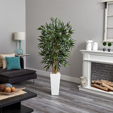 nearly natural 6-ft. Bamboo Artificial Tree in White Tower Planter