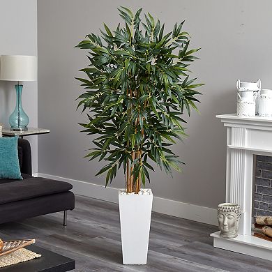 nearly natural 6-ft. Bamboo Artificial Tree in White Tower Planter