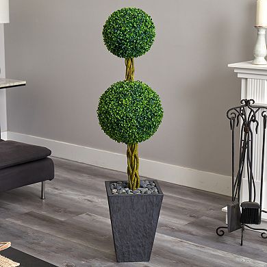 nearly natural 5-ft. UV Resistant Double Ball Boxwood Topiary Artificial Tree in Slate Planter