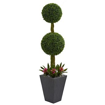 nearly natural 5-ft. UV Resistant Double Boxwood Ball Topiary Artificial Tree in Slate Planter