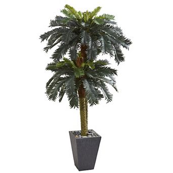 nearly natural 6-ft. Double Sago Palm Artificial Tree Slate Finished Planter