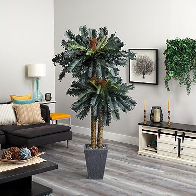 nearly natural 6-ft. Double Sago Palm Artificial Tree Slate Finished Planter