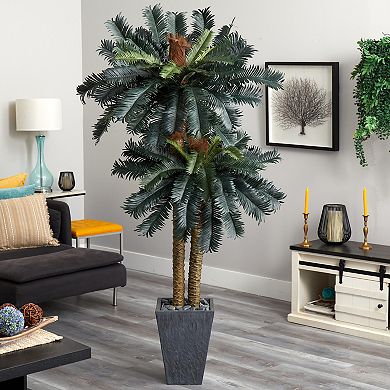 nearly natural 6-ft. Double Sago Palm Artificial Tree Slate Finished Planter