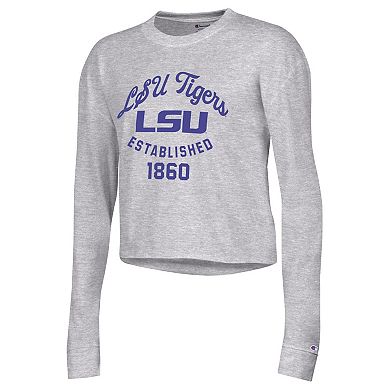 Women's Champion Gray LSU Tigers Boyfriend Cropped Long Sleeve T-Shirt