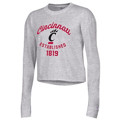 Women's Champion Heather Gray Cincinnati Bearcats Boyfriend Cropped Long Sleeve T-Shirt