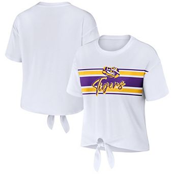 Women's WEAR by Erin Andrews White LSU Tigers Striped Front Knot Cropped T-Shirt