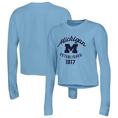 Women's Champion Blue Michigan Wolverines Boyfriend Cropped Long Sleeve T-Shirt