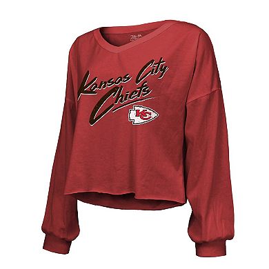 Women's Majestic Threads Patrick Mahomes Red Kansas City Chiefs Name & Number Off-Shoulder Script Cropped Long Sleeve V-Neck T-Shirt