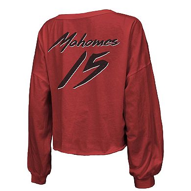 Women's Majestic Threads Patrick Mahomes Red Kansas City Chiefs Name & Number Off-Shoulder Script Cropped Long Sleeve V-Neck T-Shirt
