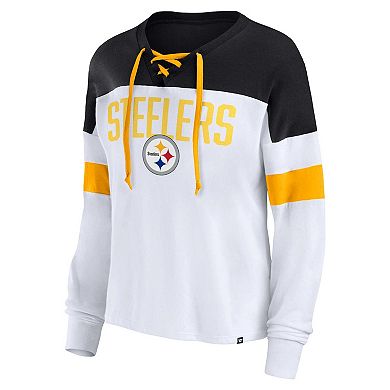 Women's Fanatics Branded White/Black Pittsburgh Steelers Plus Size Even Match Lace-Up Long Sleeve V-Neck T-Shirt