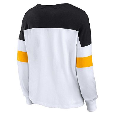Women's Fanatics Branded White/Black Pittsburgh Steelers Plus Size Even Match Lace-Up Long Sleeve V-Neck T-Shirt