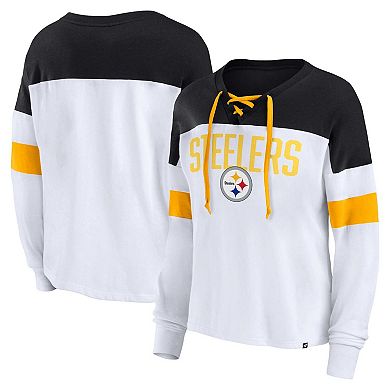 Women's Fanatics Branded White/Black Pittsburgh Steelers Plus Size Even Match Lace-Up Long Sleeve V-Neck T-Shirt