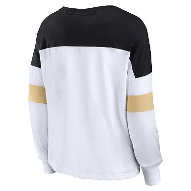 Women's Fanatics Branded White/Black New Orleans Saints Plus Size Even Match Lace-Up Long Sleeve V-Neck T-Shirt