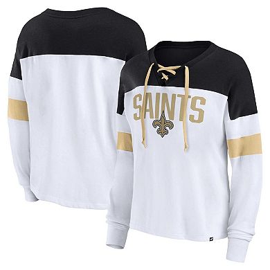 Women's Fanatics Branded White/Black New Orleans Saints Plus Size Even Match Lace-Up Long Sleeve V-Neck T-Shirt