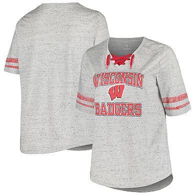 Women's Profile Heather Gray Wisconsin Badgers Plus Size Striped Lace-Up T-Shirt