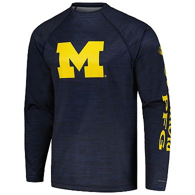 Men's Columbia Navy Michigan Wolverines PFG Terminal Tackle Omni-Shade Raglan Long Sleeve T-Shirt
